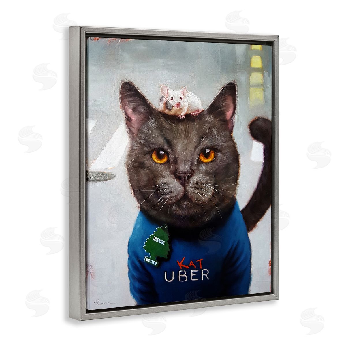 Cat Taxi Modern Day Animal Humor Ride Share Grey Floating Frame Canvas Wall Art, Home Decor by Lucia Heffernan