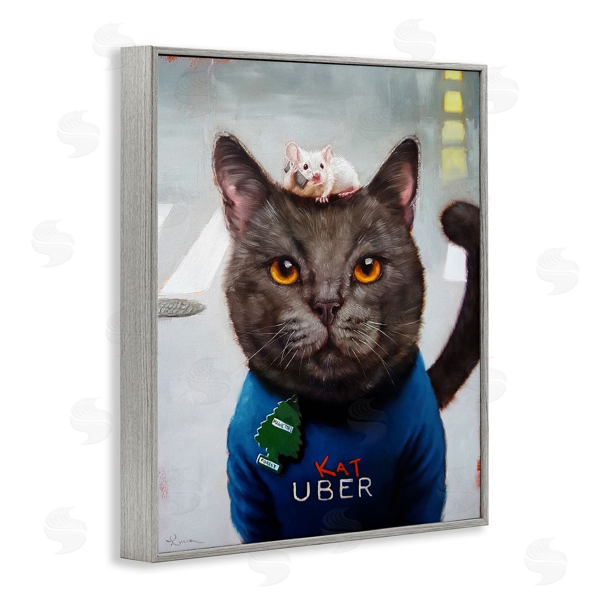 Cat Taxi Modern Day Animal Humor Ride Share Grey Frame Print Wall Art, Home Decor by Lucia Heffernan