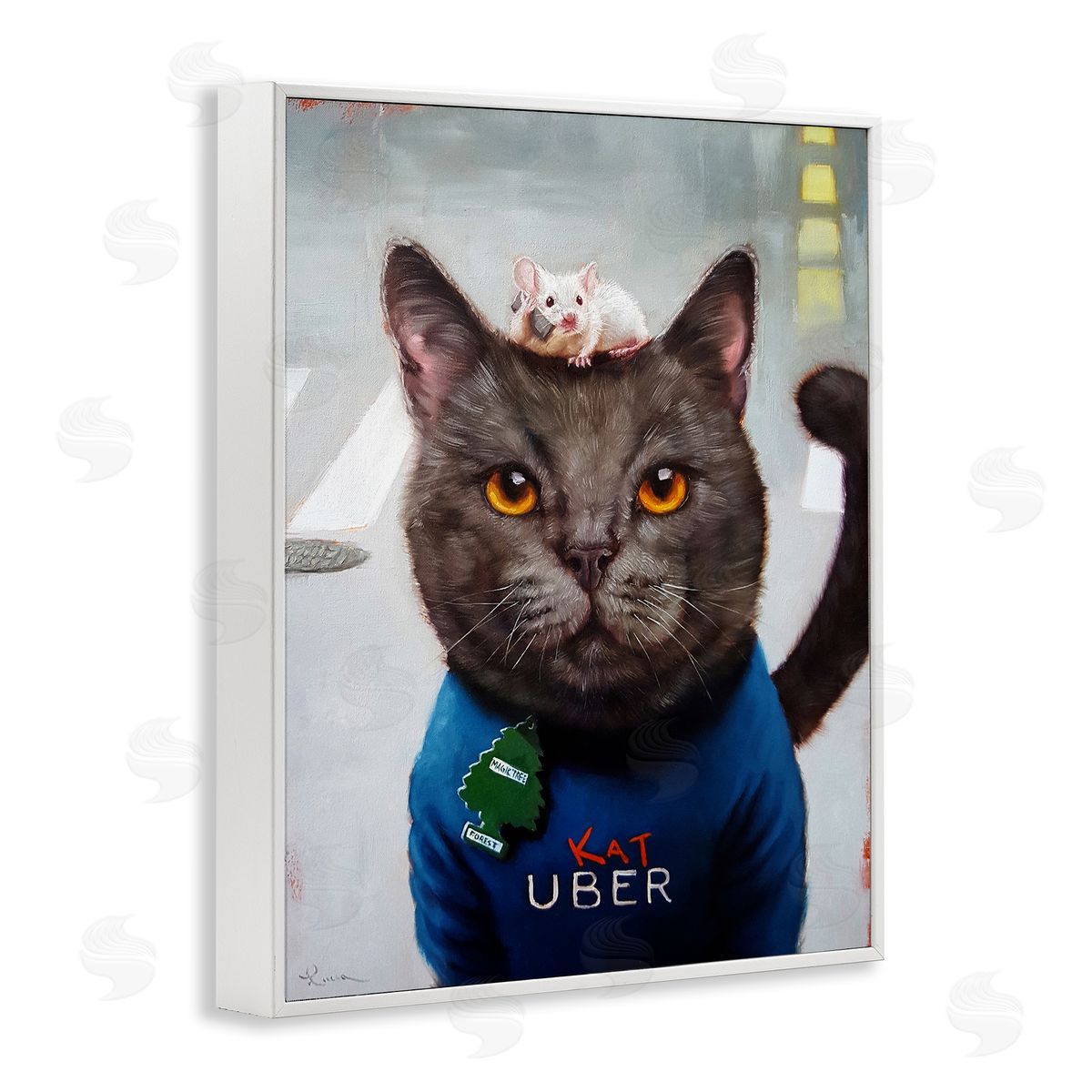 Cat Taxi Modern Day Animal Humor Ride Share White Frame Print Wall Art, Home Decor by Lucia Heffernan