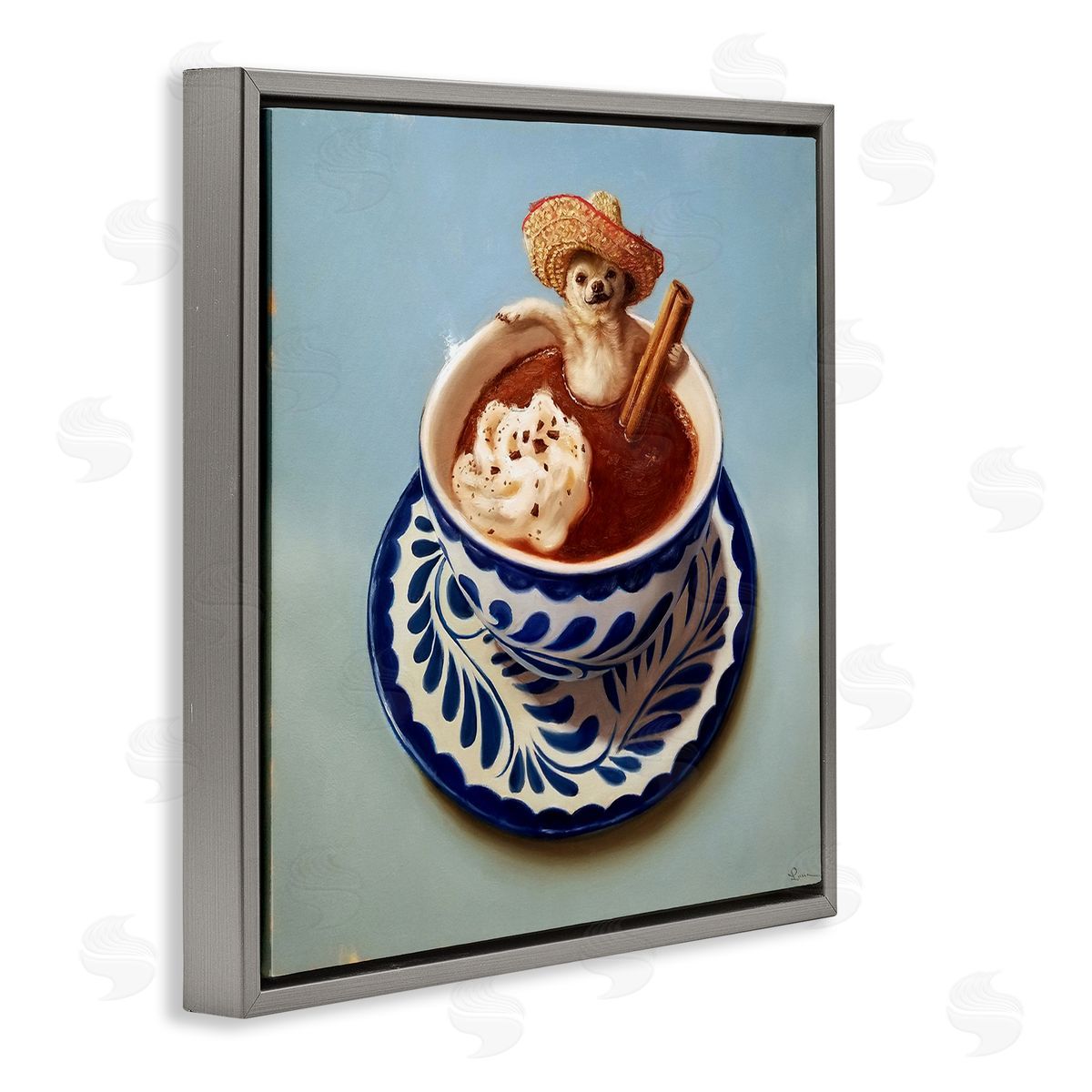 Chihuahua Hot Chocolate Humor Grey Floating Frame Canvas Wall Art, Home Decor by Lucia Heffernan