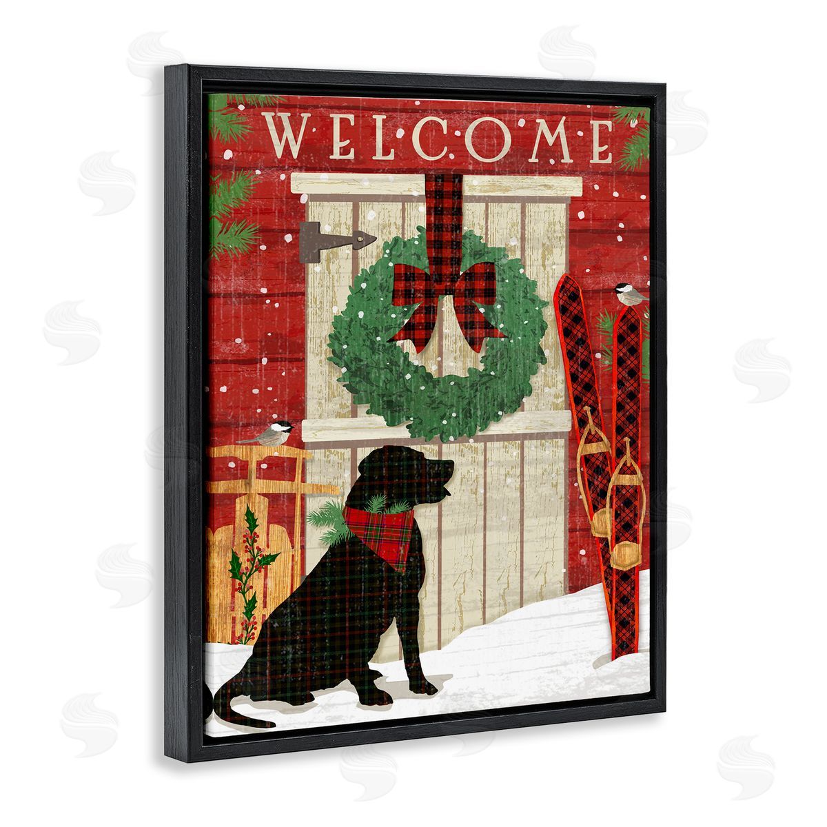 Dog with Holiday Welcome Black Floating Frame Canvas Wall Art, Home Decor by Andrea Tachiera