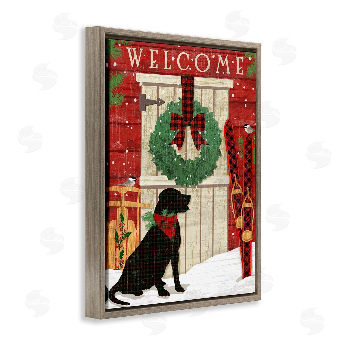Dog with Holiday Welcome Brown Floating Frame Canvas Wall Art, Home Decor by Andrea Tachiera