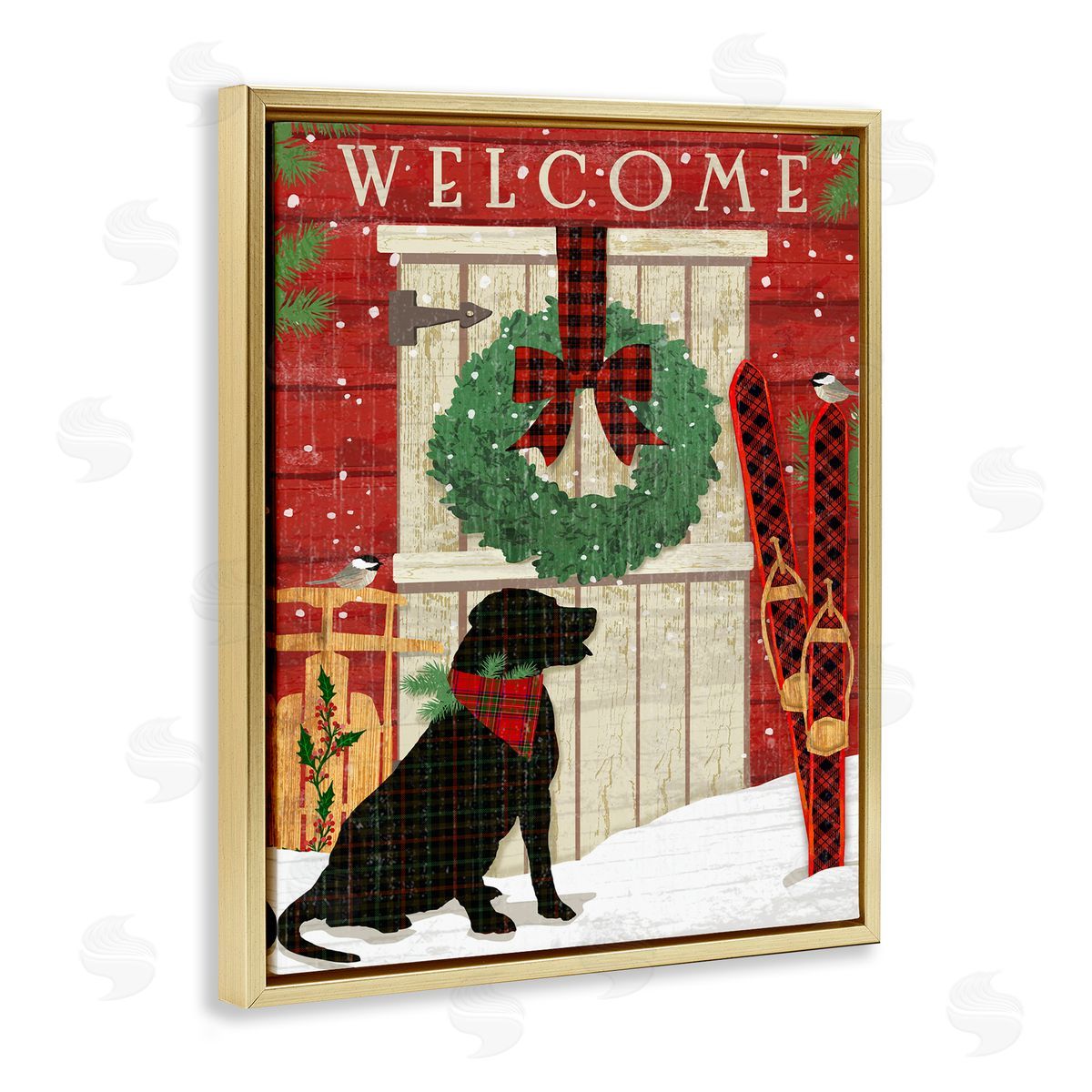 Dog with Holiday Welcome Gold Floating Frame Canvas Wall Art, Home Decor by Andrea Tachiera