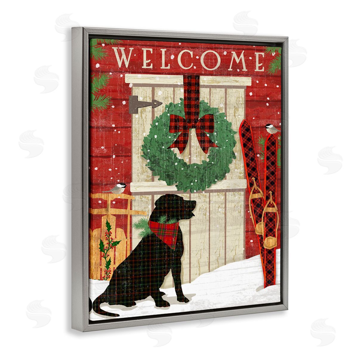 Dog with Holiday Welcome Grey Floating Frame Canvas Wall Art, Home Decor by Andrea Tachiera
