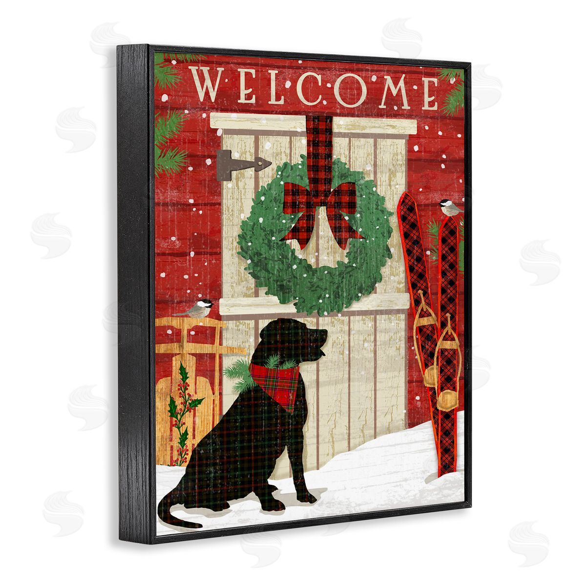 Dog with Holiday Welcome Black Frame Print Wall Art, Home Decor by Andrea Tachiera