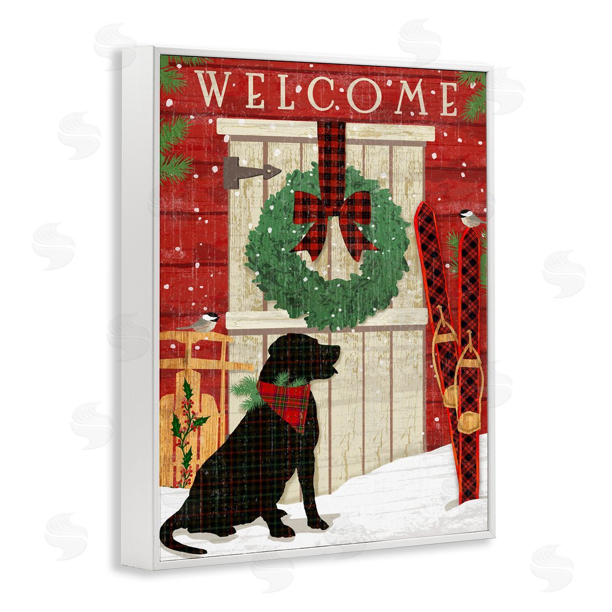 Dog with Holiday Welcome White Frame Print Wall Art, Home Decor by Andrea Tachiera