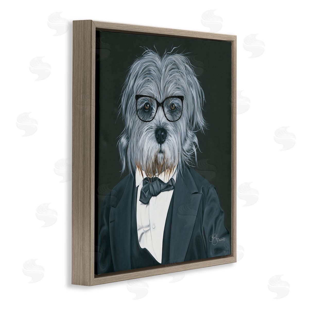 Shaggy Dog in Classy Suit Brown Floating Frame Canvas Wall Art, Home Decor by Hollihocks Art