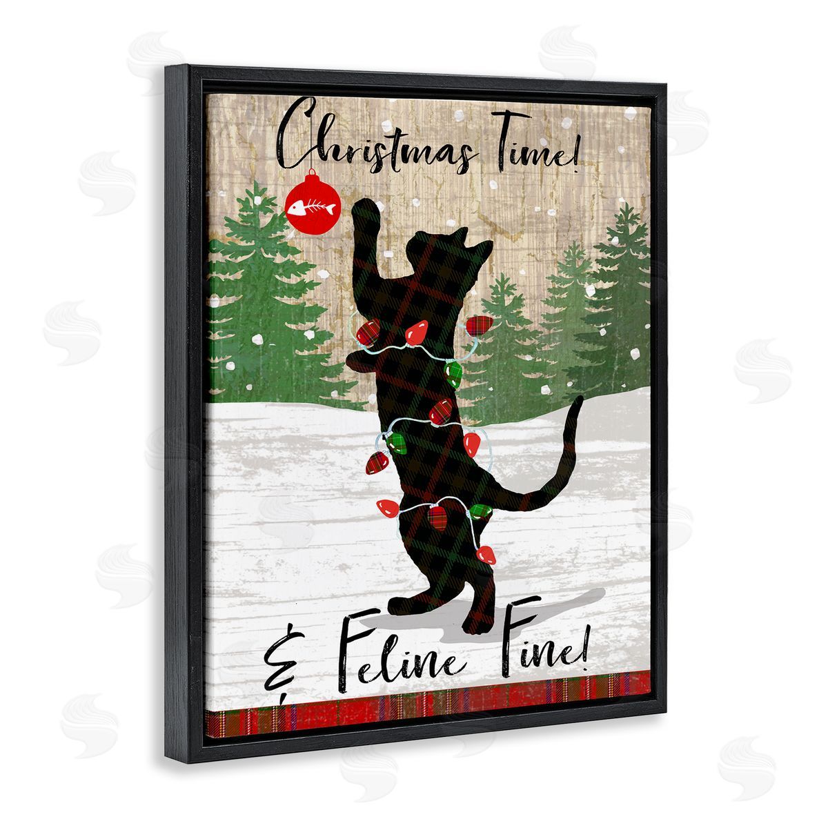 Christmas Time & Feline Fine Black Floating Frame Canvas Wall Art, Home Decor by Andrea Tachiera