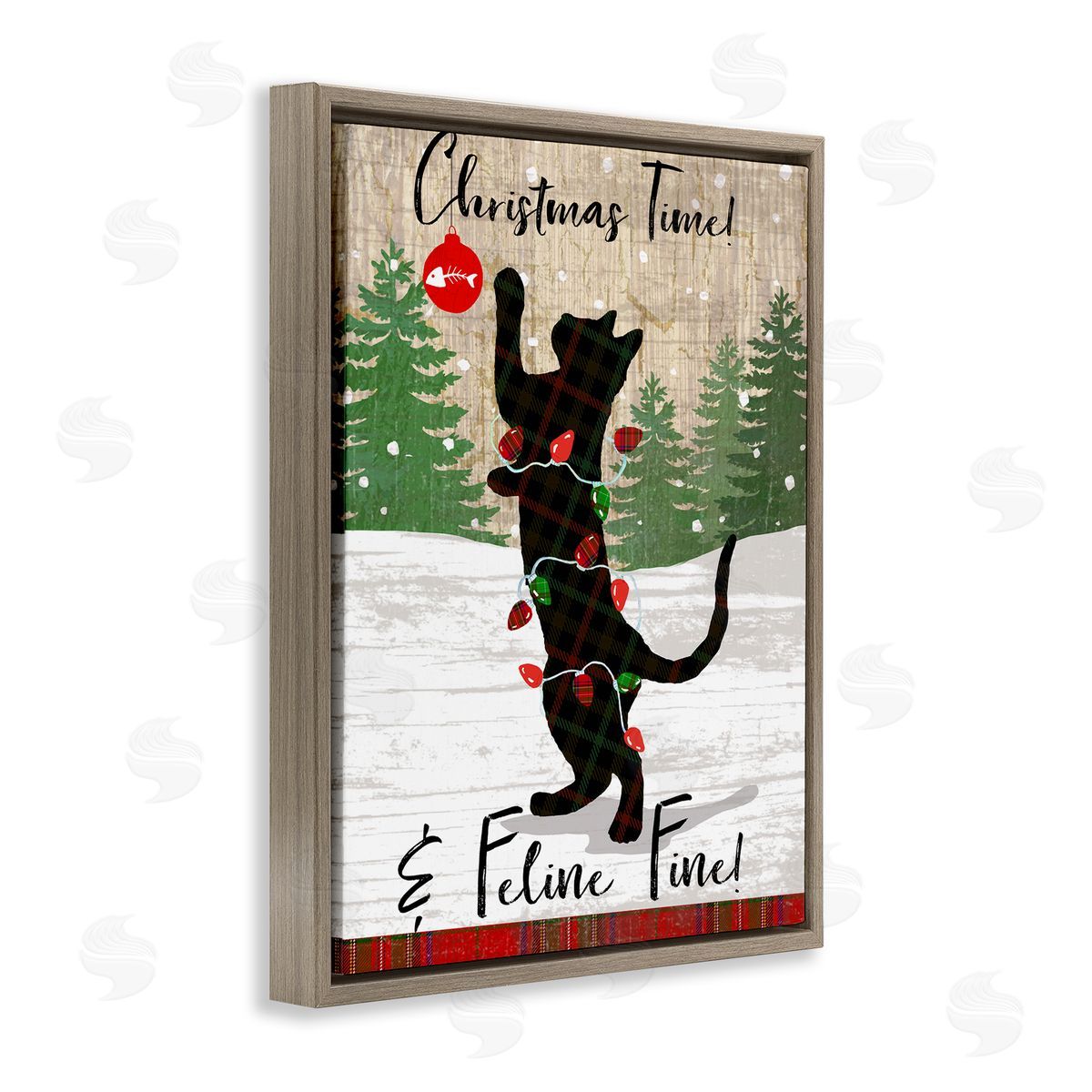 Christmas Time & Feline Fine Brown Floating Frame Canvas Wall Art, Home Decor by Andrea Tachiera