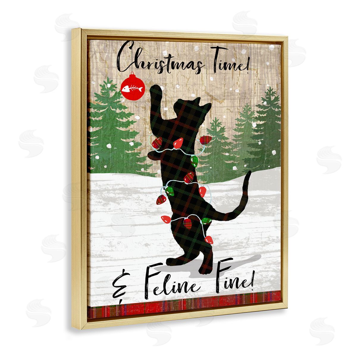 Christmas Time & Feline Fine Gold Floating Frame Canvas Wall Art, Home Decor by Andrea Tachiera