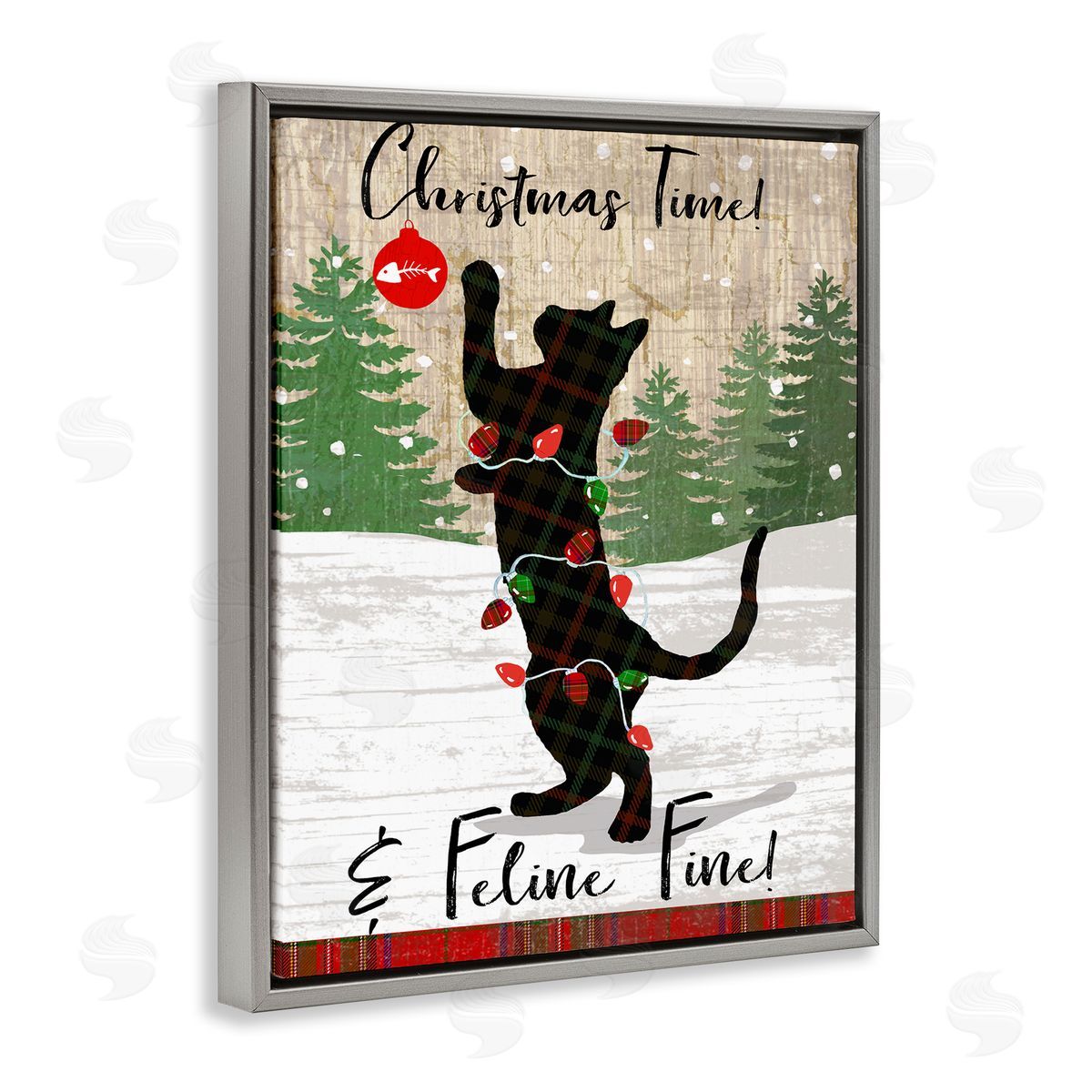 Christmas Time & Feline Fine Grey Floating Frame Canvas Wall Art, Home Decor by Andrea Tachiera