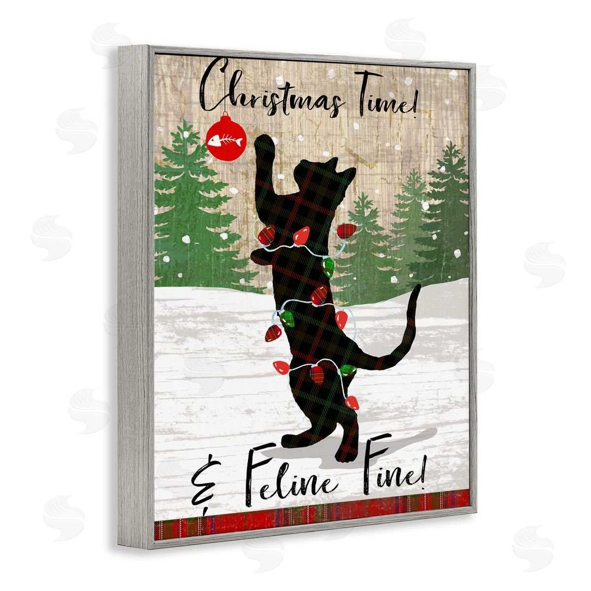 Christmas Time & Feline Fine Grey Frame Print Wall Art, Home Decor by Andrea Tachiera