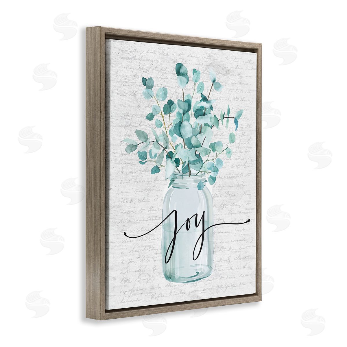 Joy with Blue Eucalyptus Brown Floating Frame Canvas Wall Art, Home Decor by Lettered and Lined