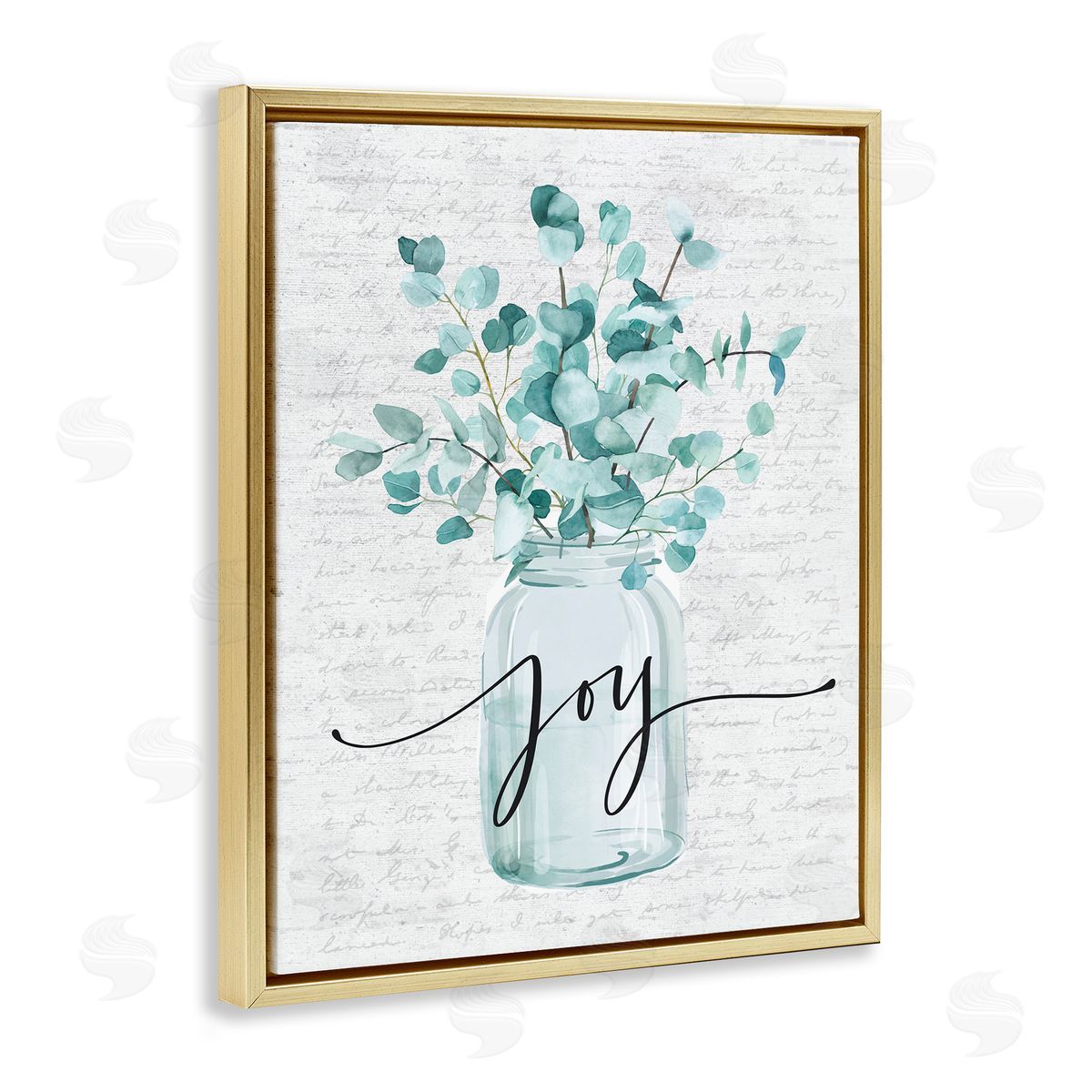 Joy with Blue Eucalyptus Gold Floating Frame Canvas Wall Art, Home Decor by Lettered and Lined
