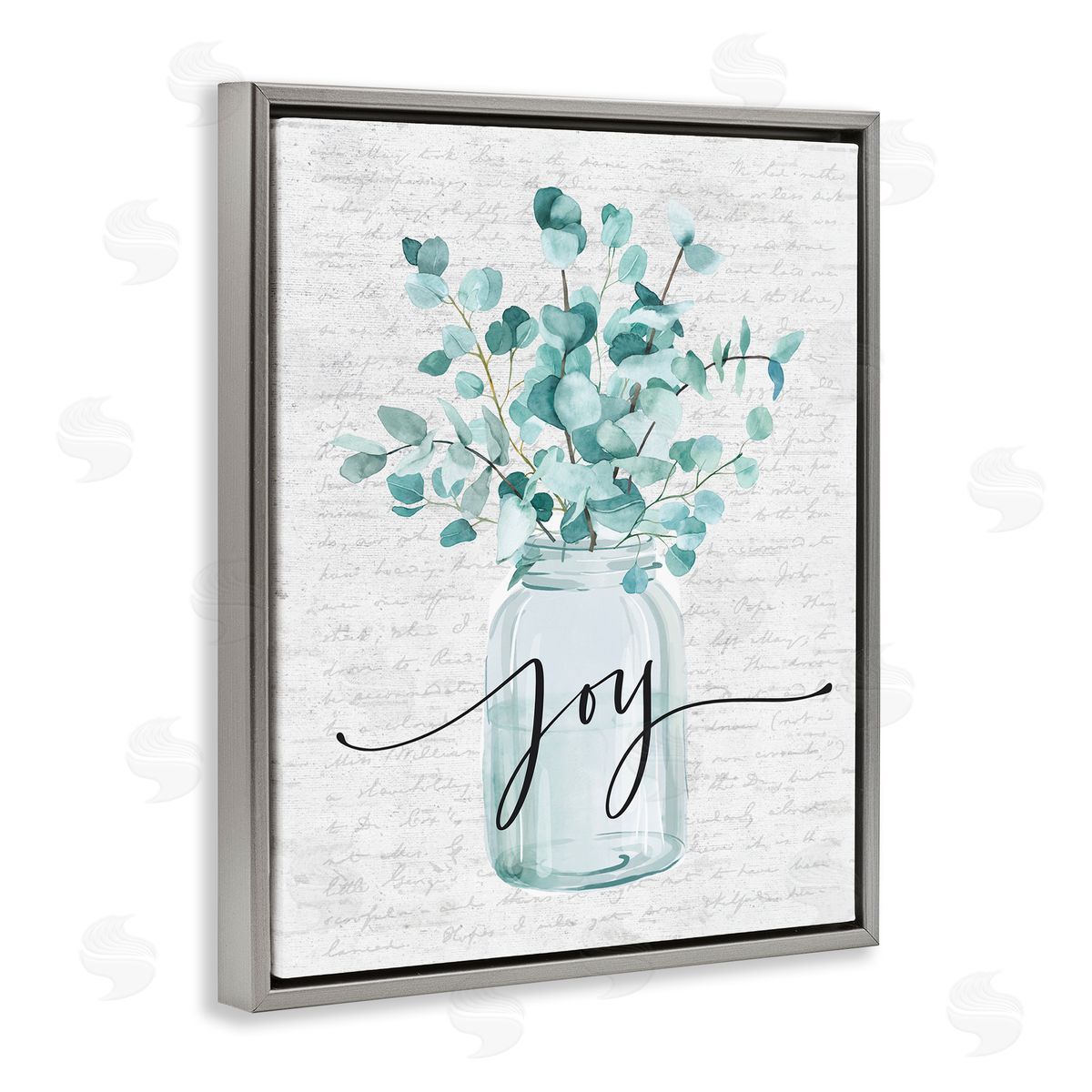 Joy with Blue Eucalyptus Grey Floating Frame Canvas Wall Art, Home Decor by Lettered and Lined