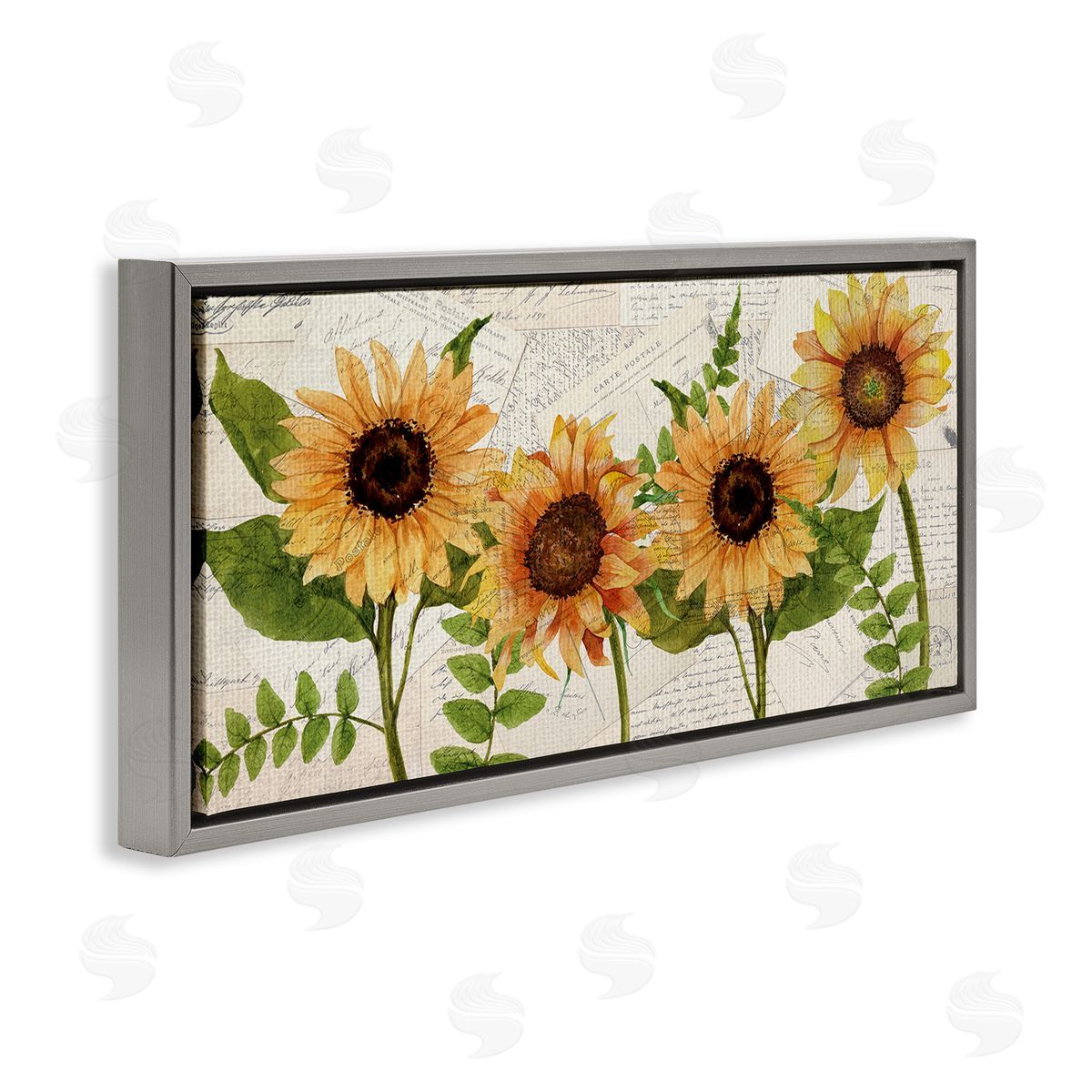Sunflowers and Vintage Postcards Grey Floating Frame Canvas Wall Art, Home Decor by Kim Allen