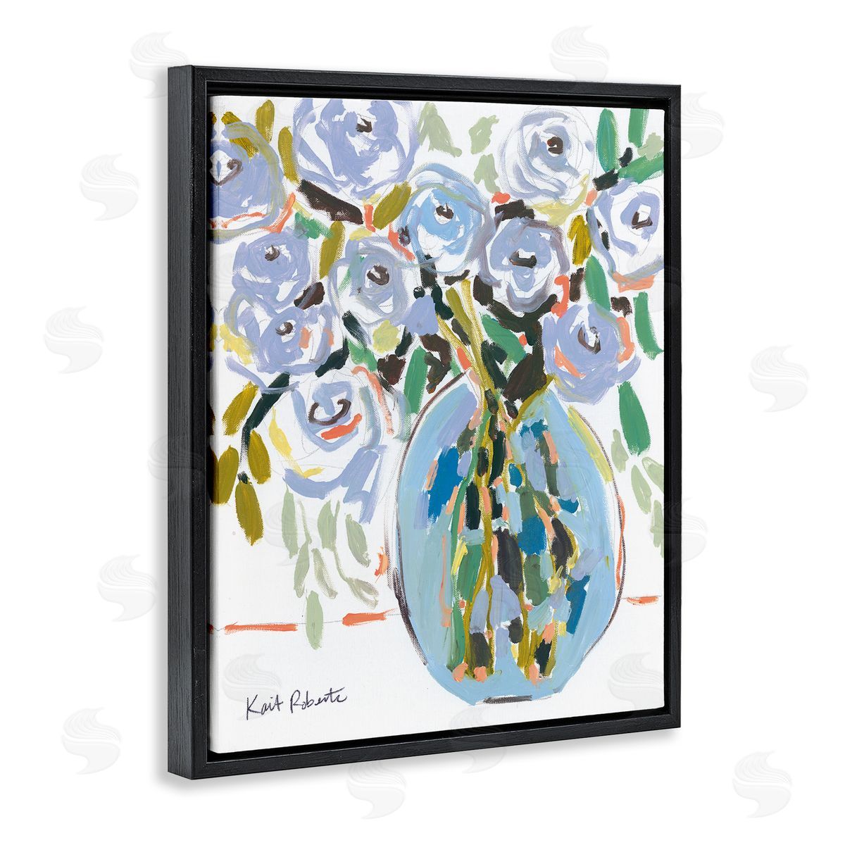 Abstract Blue Pastel Floral Bouquet Black Floating Frame Canvas Wall Art, Home Decor by Kait Roberts