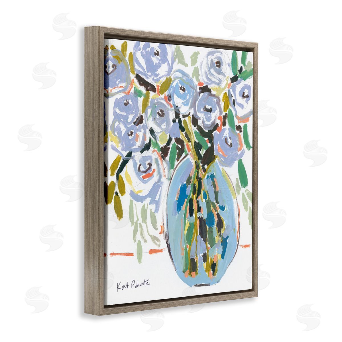 Abstract Blue Pastel Floral Bouquet Brown Floating Frame Canvas Wall Art, Home Decor by Kait Roberts