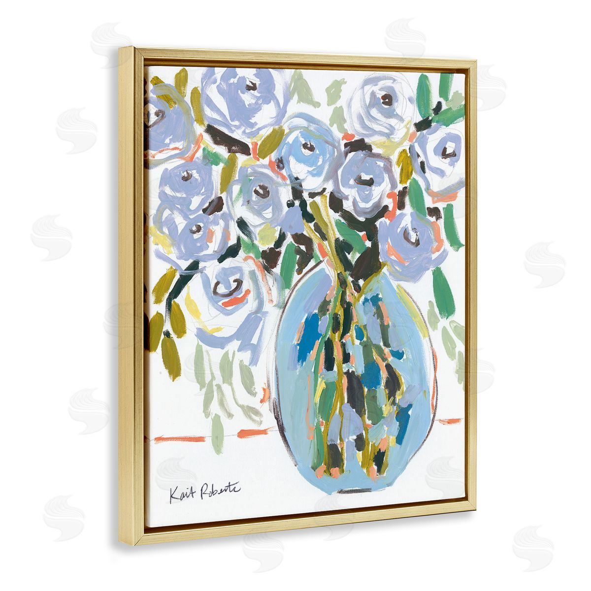 Abstract Blue Pastel Floral Bouquet Gold Floating Frame Canvas Wall Art, Home Decor by Kait Roberts