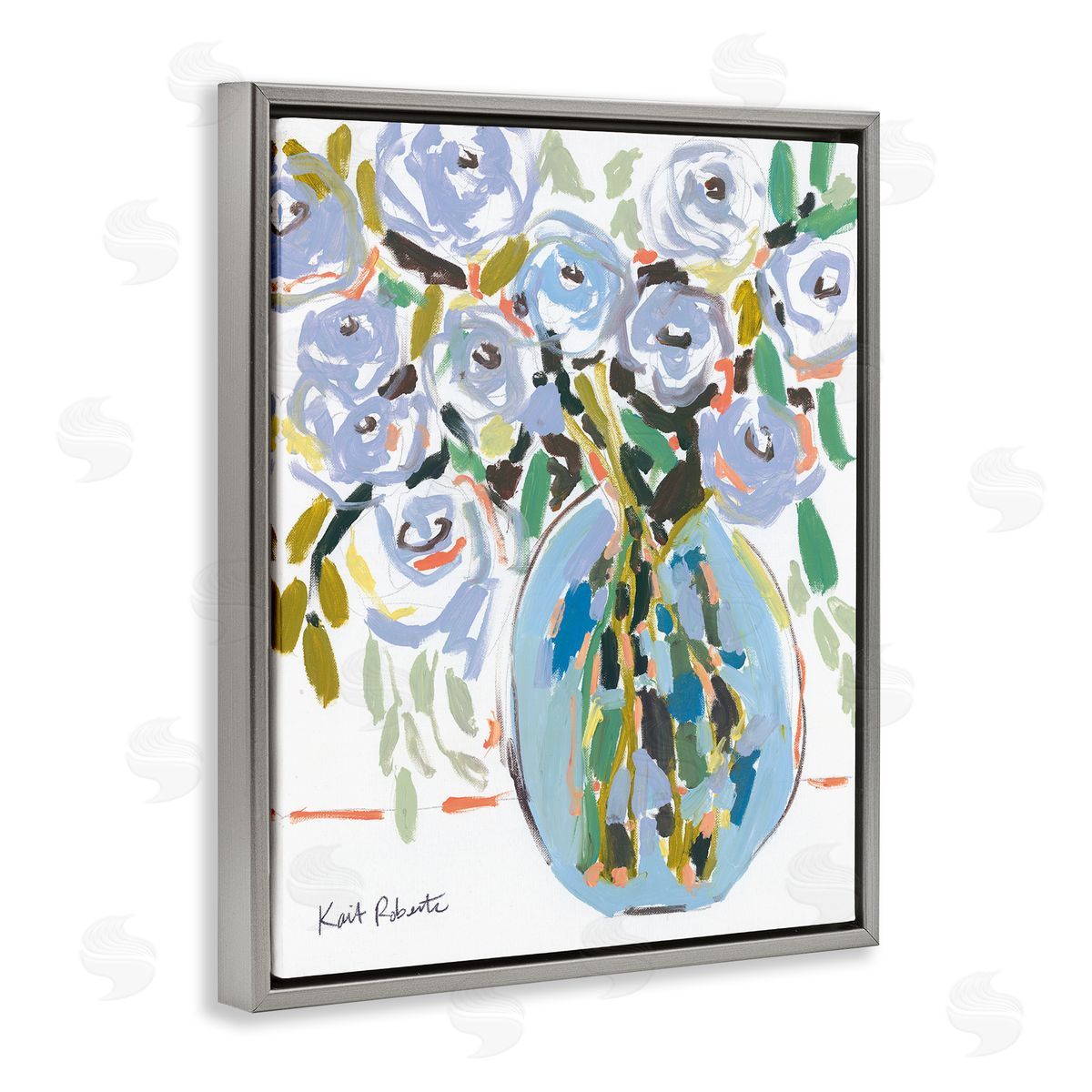 Abstract Blue Pastel Floral Bouquet Grey Floating Frame Canvas Wall Art, Home Decor by Kait Roberts
