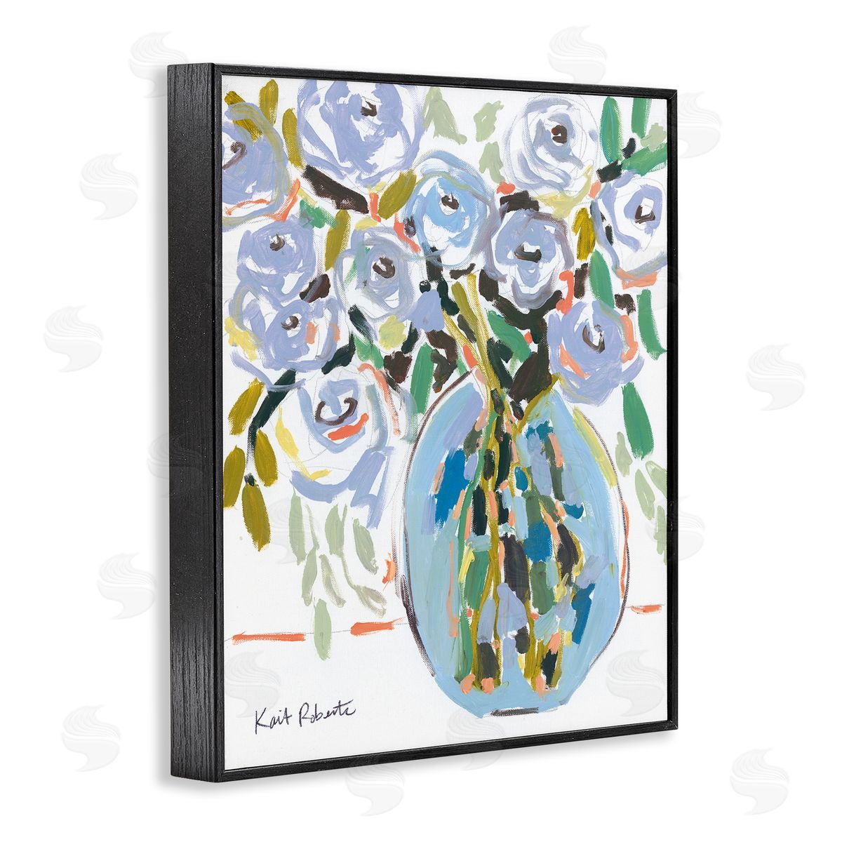 Abstract Blue Pastel Floral Bouquet Black Frame Print Wall Art, Home Decor by Kait Roberts