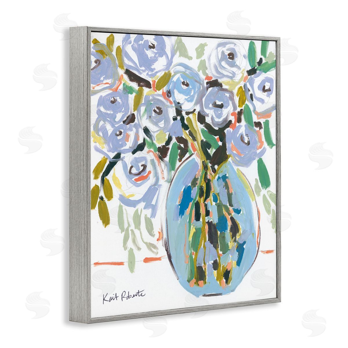 Abstract Blue Pastel Floral Bouquet Grey Frame Print Wall Art, Home Decor by Kait Roberts