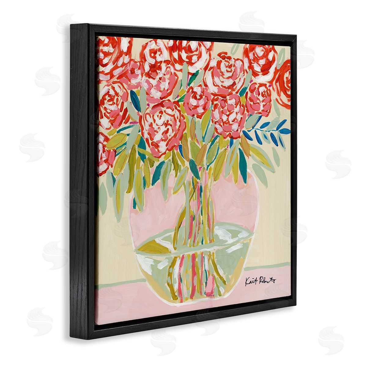 Abstract Red Pastel Floral Bouquet Black Floating Frame Canvas Wall Art, Home Decor by Kait Roberts