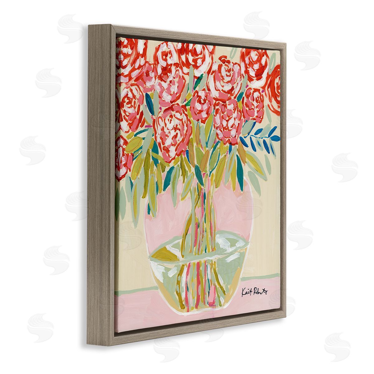 Abstract Red Pastel Floral Bouquet Brown Floating Frame Canvas Wall Art, Home Decor by Kait Roberts