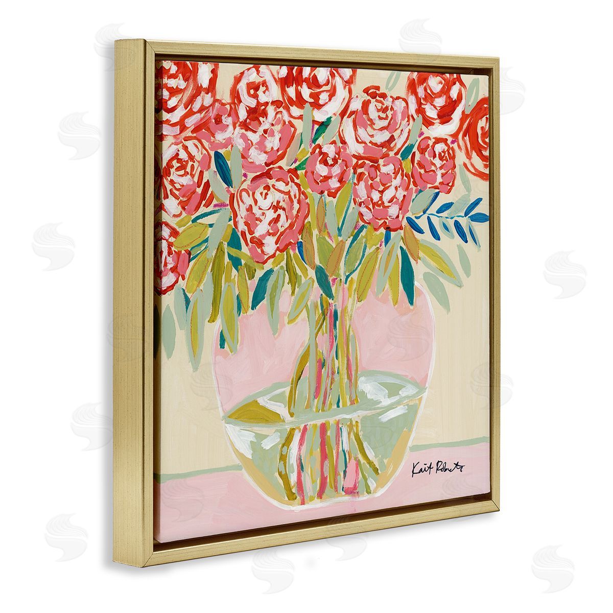 Abstract Red Pastel Floral Bouquet Gold Floating Frame Canvas Wall Art, Home Decor by Kait Roberts