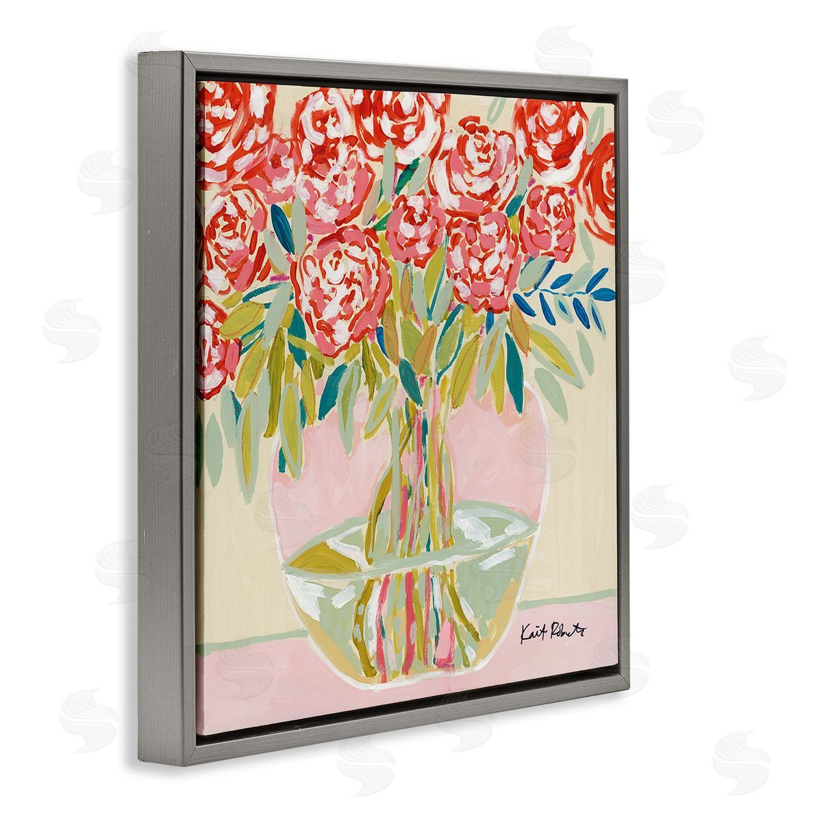 Abstract Red Pastel Floral Bouquet Grey Floating Frame Canvas Wall Art, Home Decor by Kait Roberts