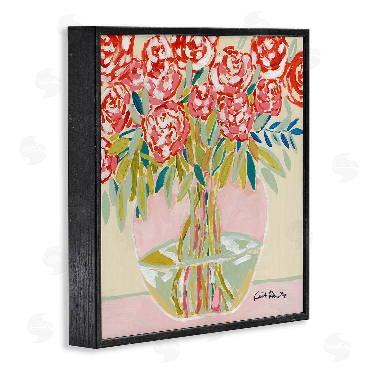 Abstract Red Pastel Floral Bouquet Black Frame Print Wall Art, Home Decor by Kait Roberts