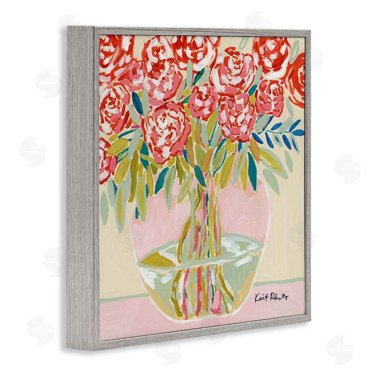 Abstract Red Pastel Floral Bouquet Grey Frame Print Wall Art, Home Decor by Kait Roberts