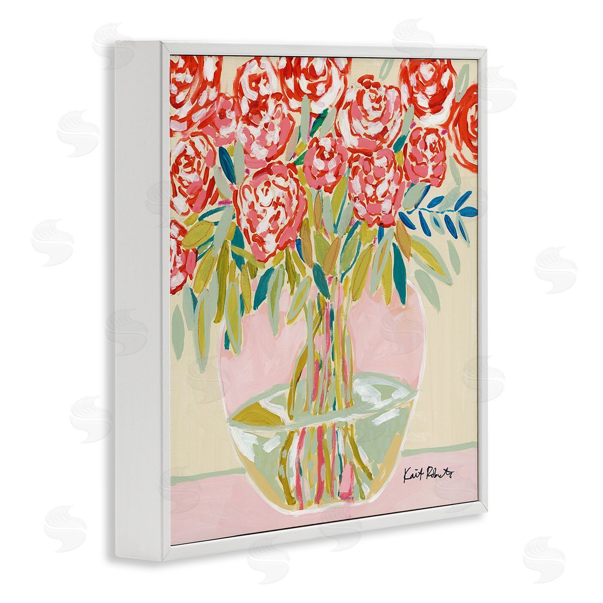 Abstract Red Pastel Floral Bouquet White Frame Print Wall Art, Home Decor by Kait Roberts