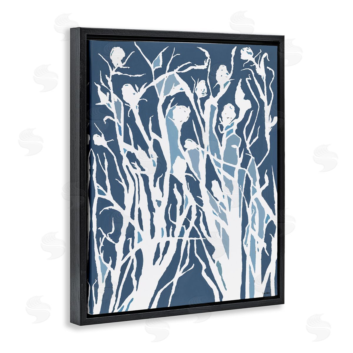 Abstract Botanical Silhouettes Blue Black Floating Frame Canvas Wall Art, Home Decor by Lori Dubois