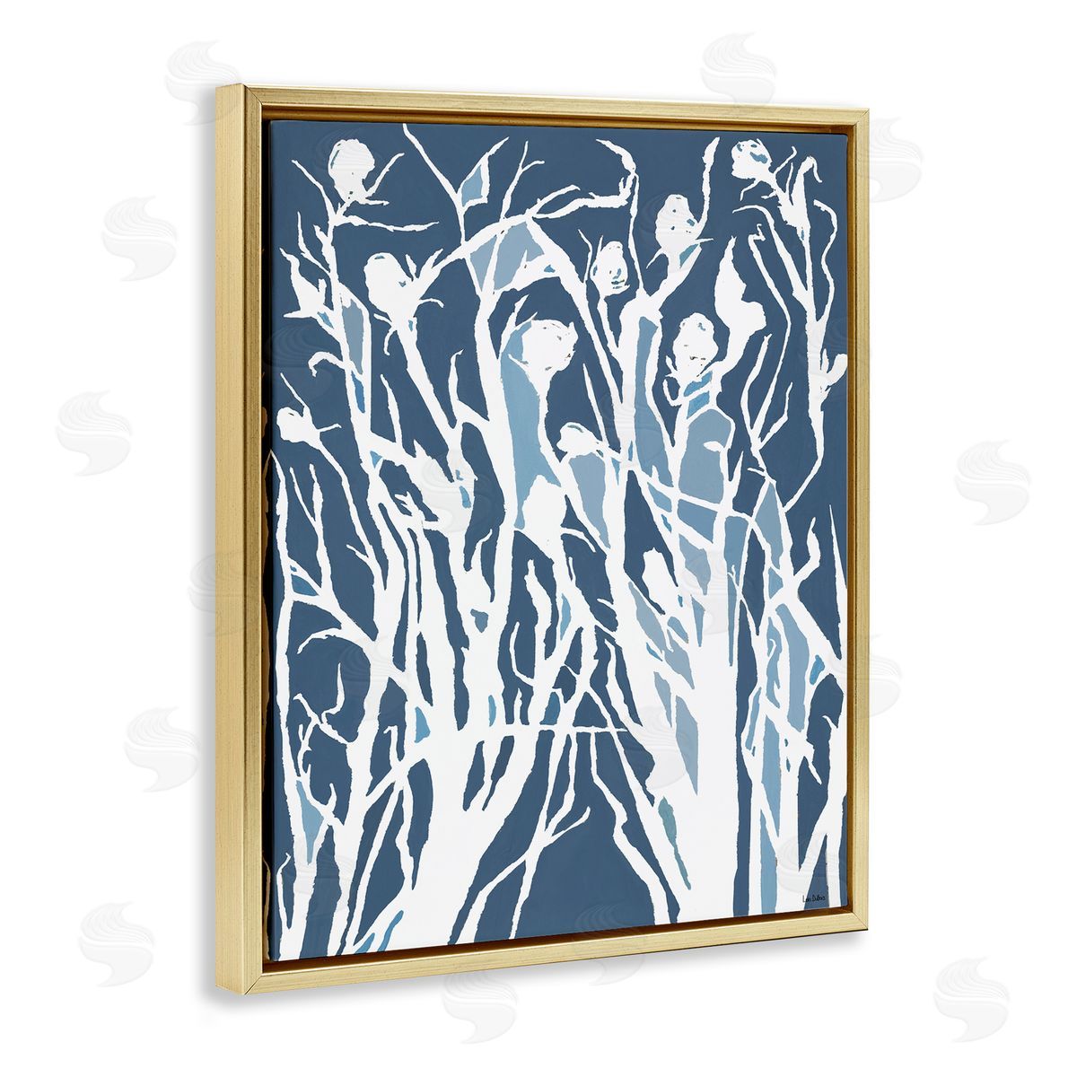 Abstract Botanical Silhouettes Blue Gold Floating Frame Canvas Wall Art, Home Decor by Lori Dubois