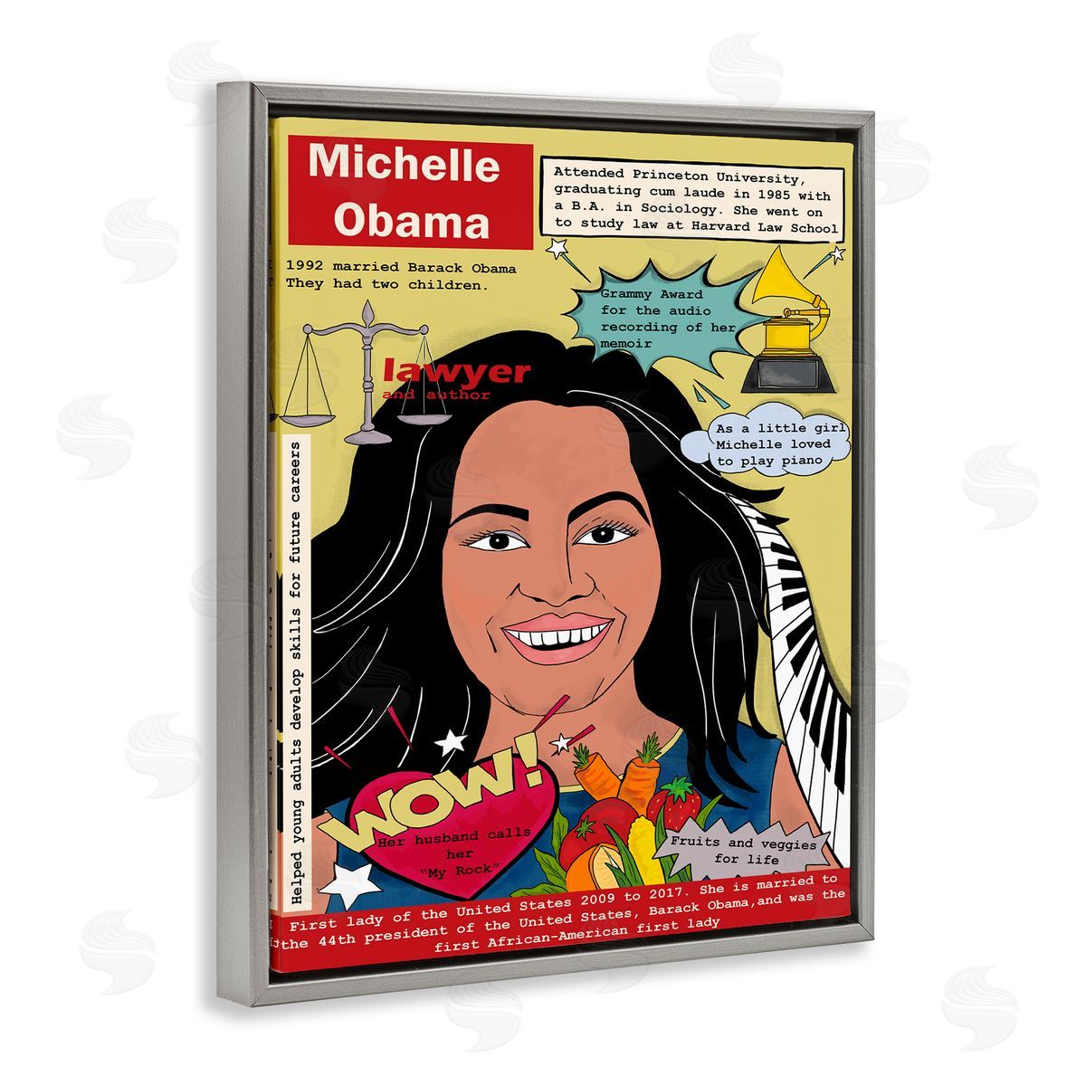 Michelle Obama Magazine Illustration Grey Floating Frame Canvas Wall Art, Home Decor by Sangita Bachelet