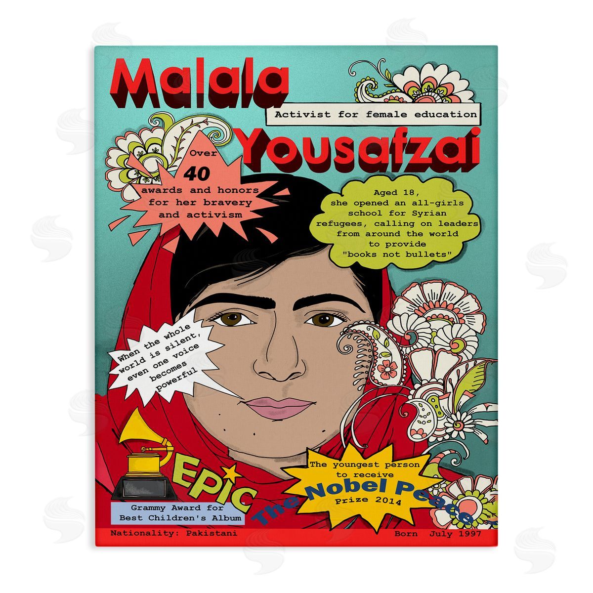 Malala Yousafzai Magazine Illustration Canvas Wall Art, Home Decor by Sangita Bachelet