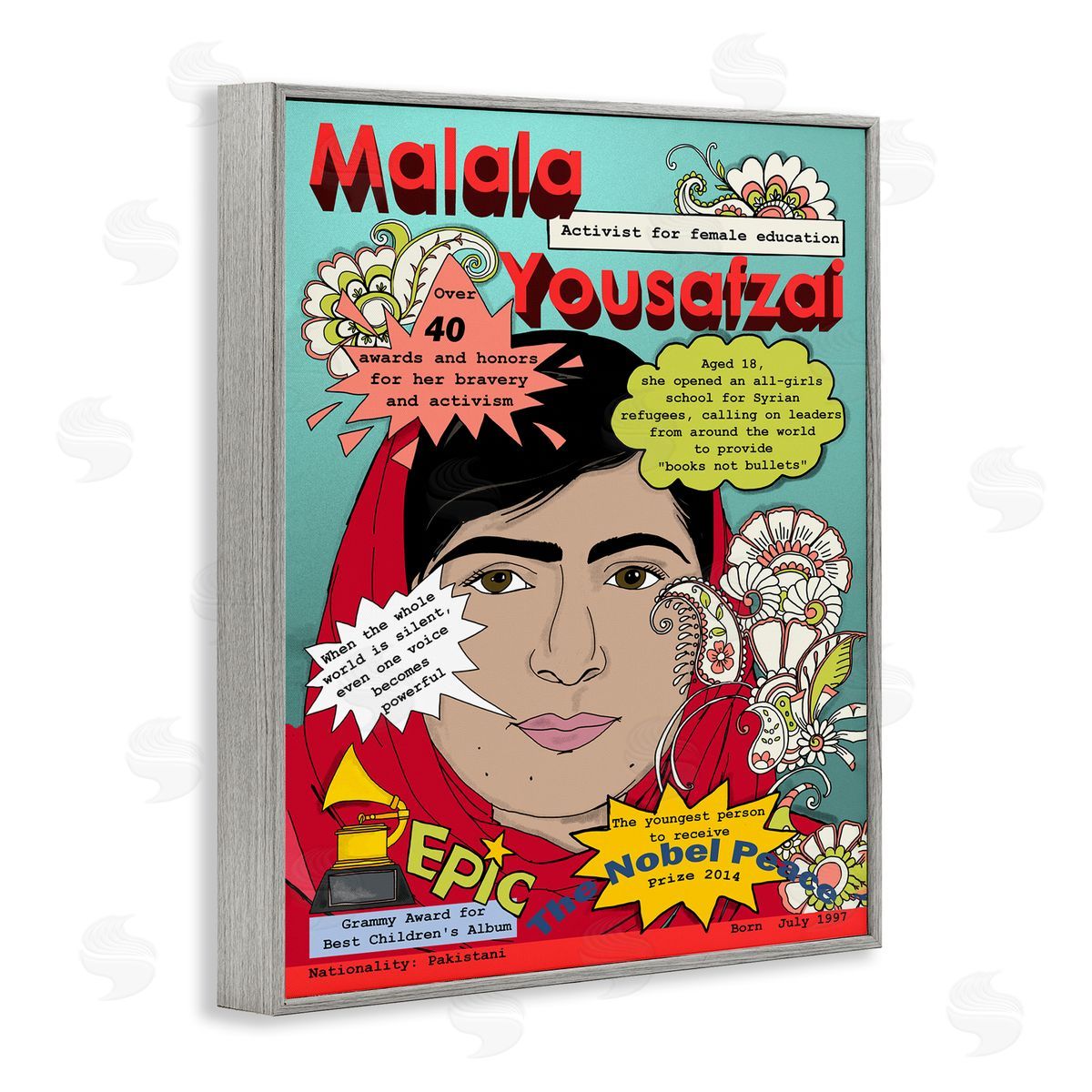 Malala Yousafzai Magazine Illustration Grey Frame Print Wall Art, Home Decor by Sangita Bachelet