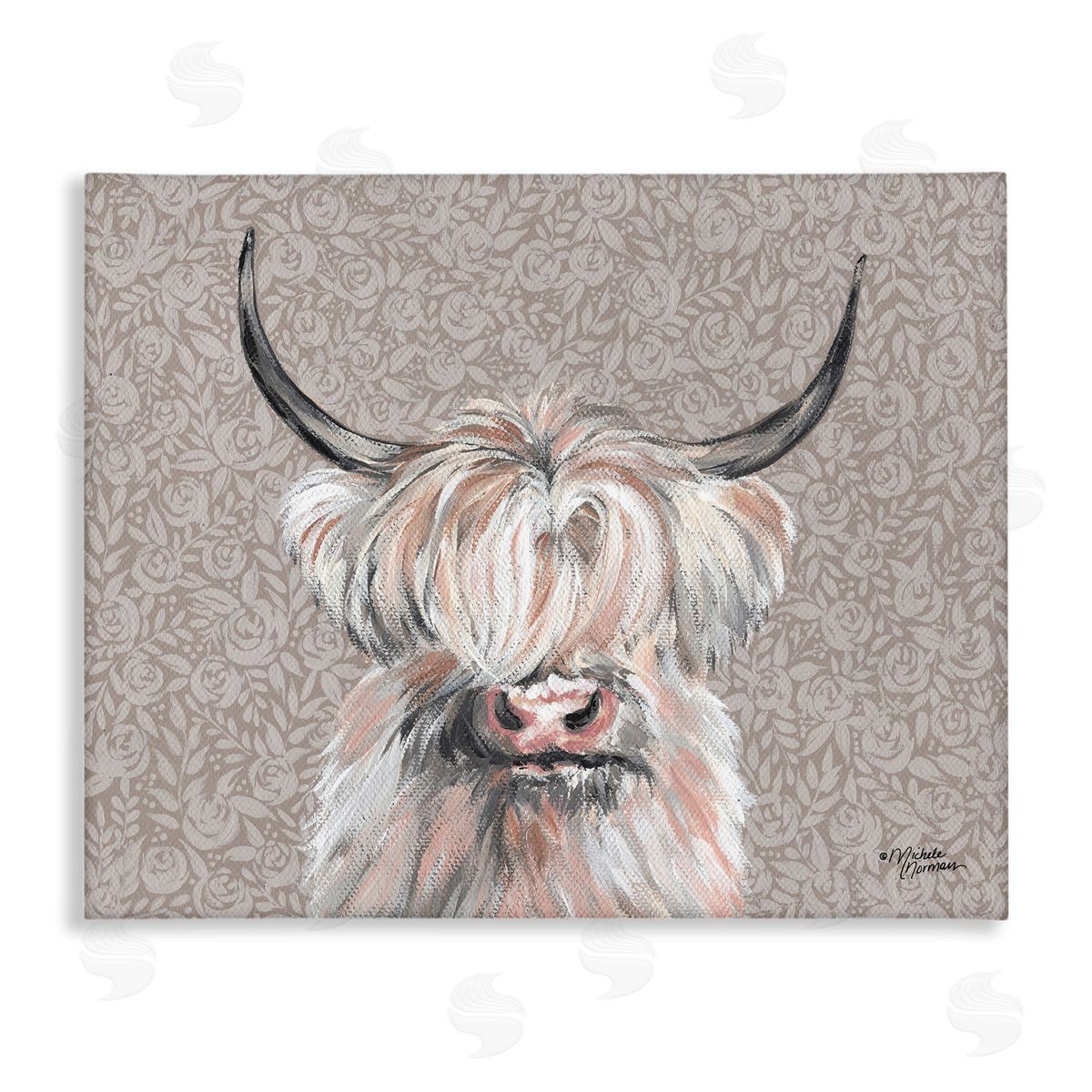 Shaggy Cattle over Floral Pattern Canvas Wall Art, Home Decor by Michele Norman