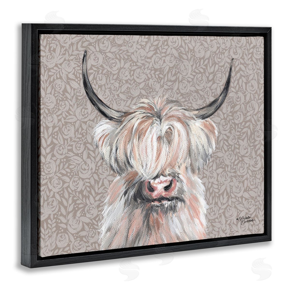 Shaggy Cattle over Floral Pattern Black Floating Frame Canvas Wall Art, Home Decor by Michele Norman