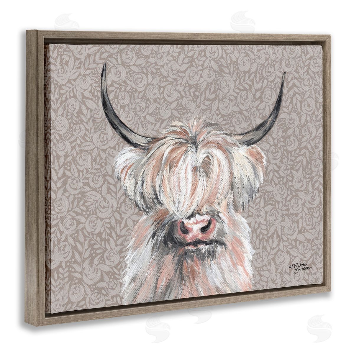 Shaggy Cattle over Floral Pattern Brown Floating Frame Canvas Wall Art, Home Decor by Michele Norman