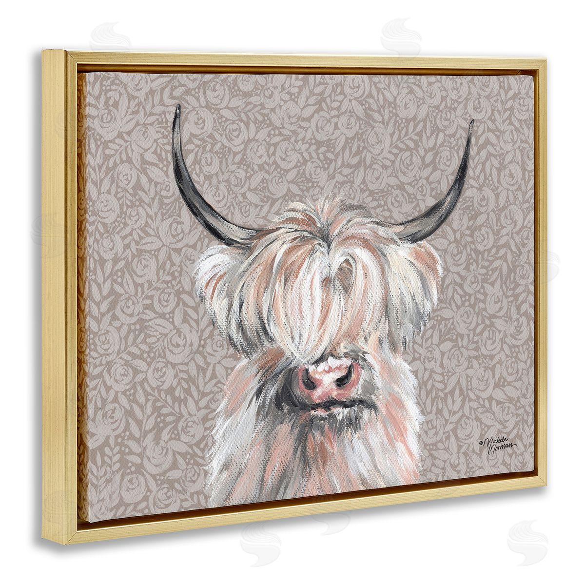 Shaggy Cattle over Floral Pattern Gold Floating Frame Canvas Wall Art, Home Decor by Michele Norman