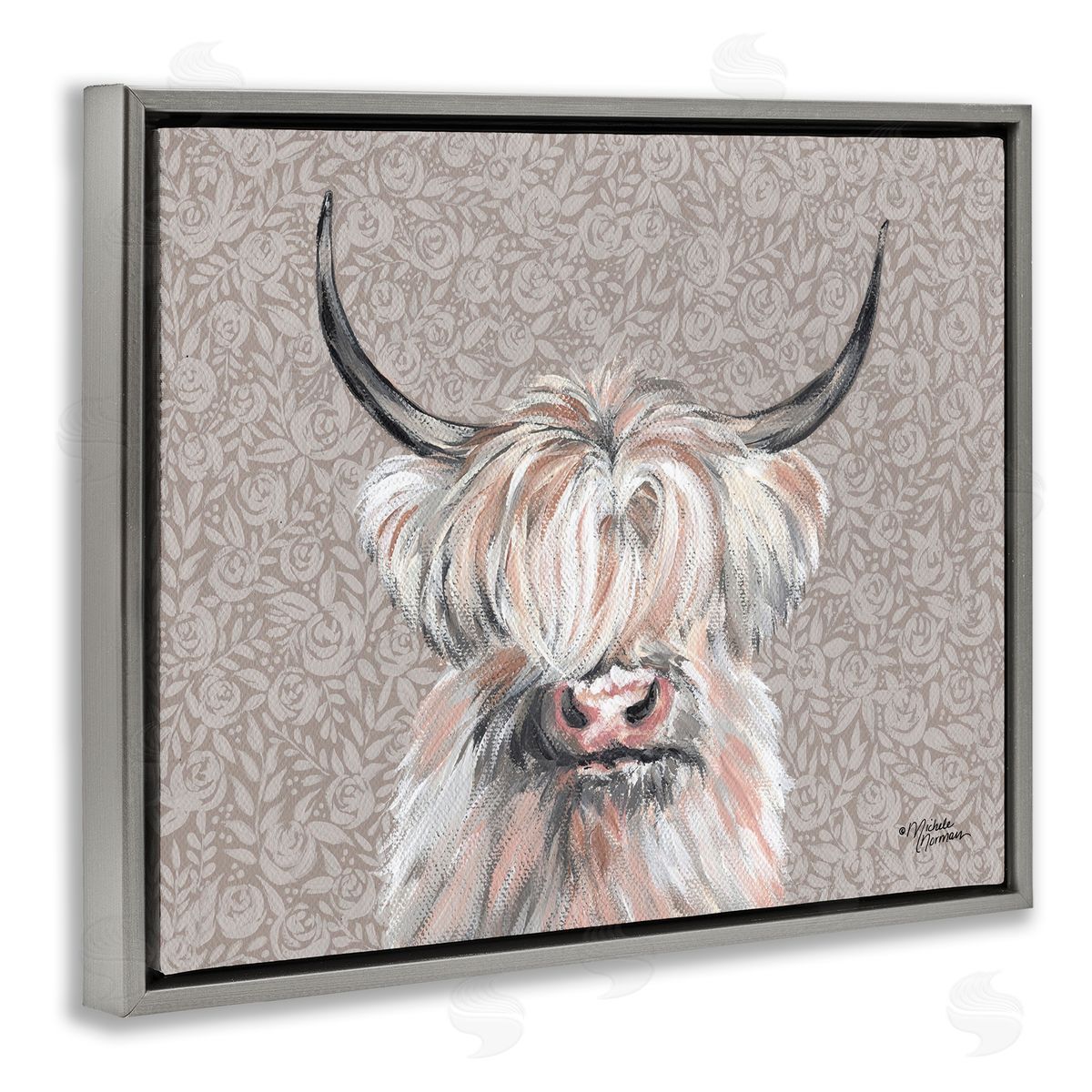 Shaggy Cattle over Floral Pattern Grey Floating Frame Canvas Wall Art, Home Decor by Michele Norman