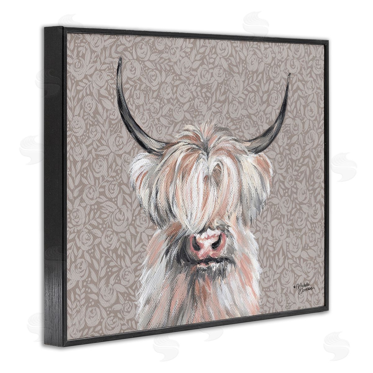 Shaggy Cattle over Floral Pattern Black Frame Print Wall Art, Home Decor by Michele Norman