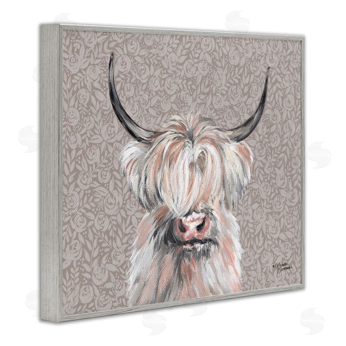Shaggy Cattle over Floral Pattern Grey Frame Print Wall Art, Home Decor by Michele Norman