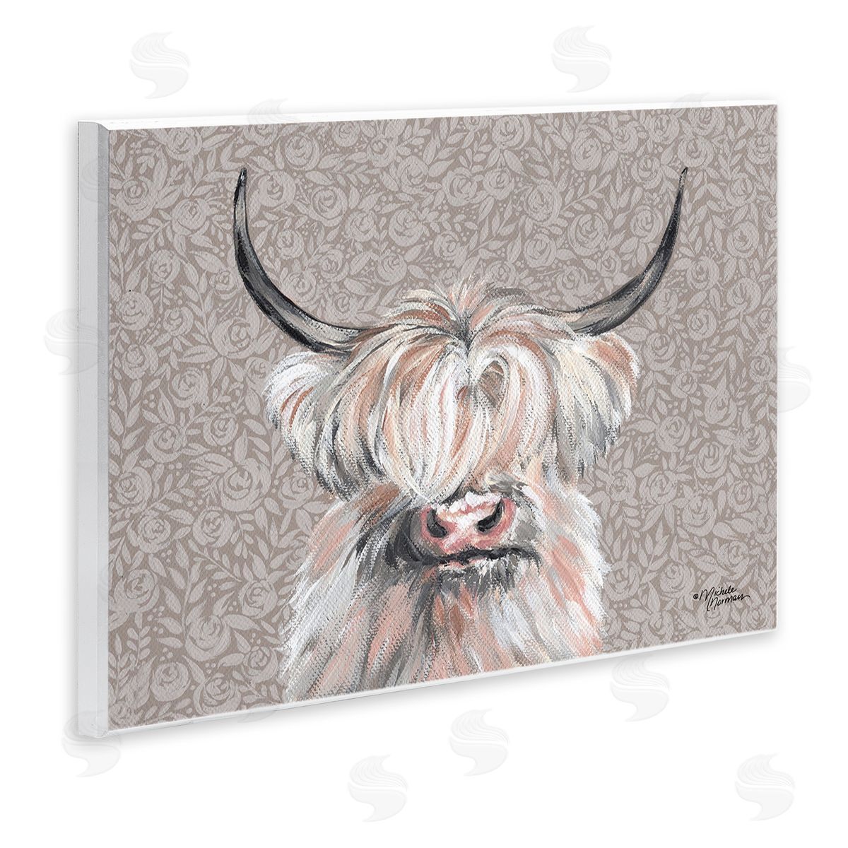 Shaggy Cattle over Floral Pattern Wood Plaque Wall Art, Home Decor by Michele Norman