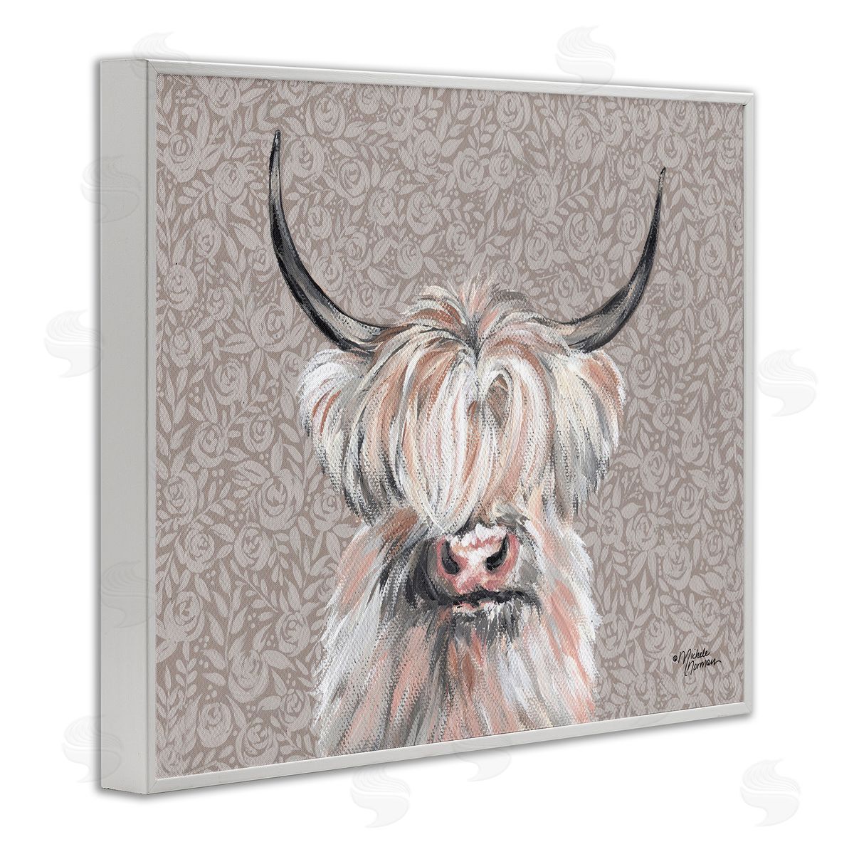 Shaggy Cattle over Floral Pattern White Frame Print Wall Art, Home Decor by Michele Norman