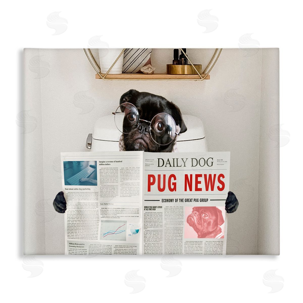 Bathroom Pug with Newspaper Canvas Wall Art, Home Decor by Ziwei Li