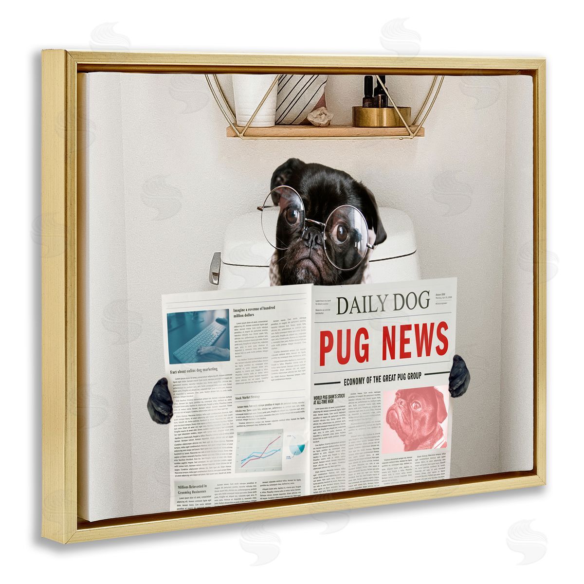 Bathroom Pug with Newspaper Gold Floating Frame Canvas Wall Art, Home Decor by Ziwei Li