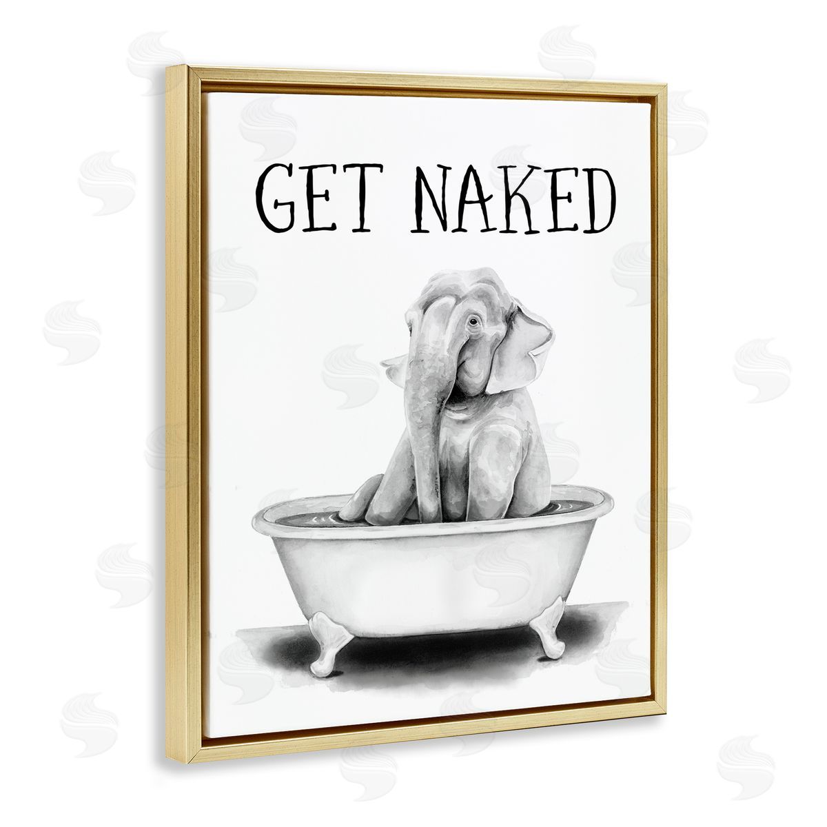 Elephant Bathroom Get Naked Gold Floating Frame Canvas Wall Art, Home Decor by Rachel Nieman